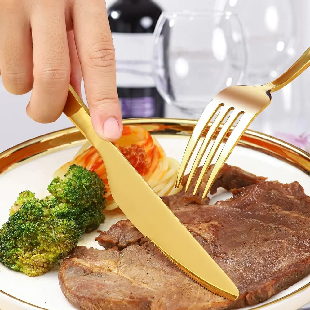 60-Piece Gold Silverware Set, CXJY Stainless Steel Flatware Set for 12, Kitchen Utensils cutlery with Titanium Golden Plated Include Spoons Forks Knives, Mirror Polished Dishwasher Safe
