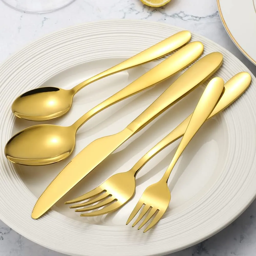 60-Piece Gold Silverware Set, CXJY Stainless Steel Flatware Set for 12, Kitchen Utensils cutlery with Titanium Golden Plated Include Spoons Forks Knives, Mirror Polished Dishwasher Safe
