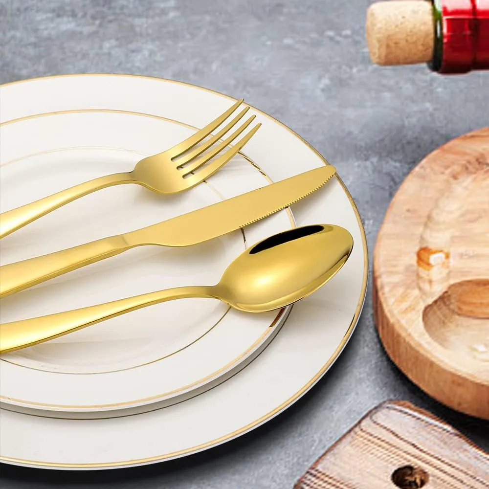 60-Piece Gold Silverware Set, CXJY Stainless Steel Flatware Set for 12, Kitchen Utensils cutlery with Titanium Golden Plated Include Spoons Forks Knives, Mirror Polished Dishwasher Safe