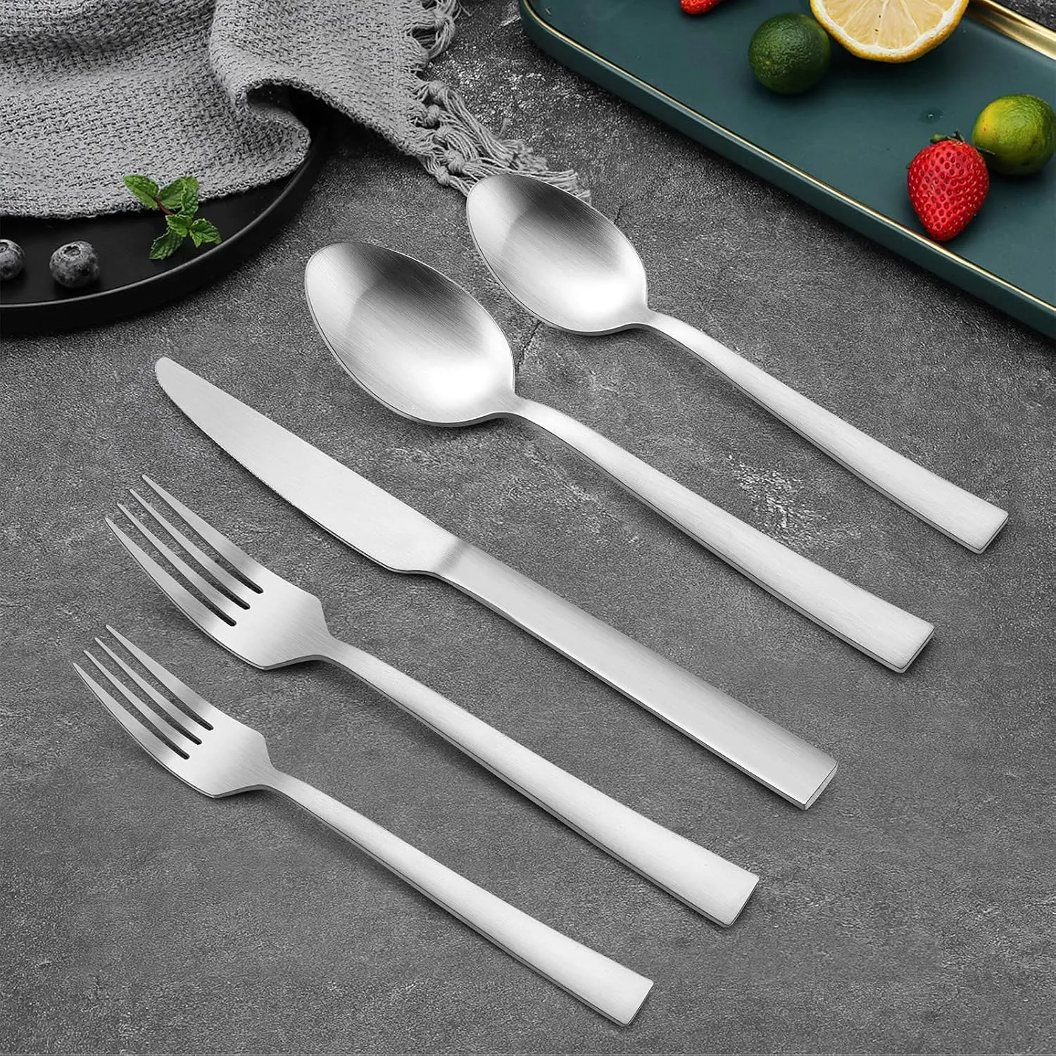 60-Piece Matte Silverware Set, E-far Stainless Steel Flatware Set Service for 12, Metal Cutlery Eating Utensils Tableware Includes Forks/Spoons/Knives, Square Edge
