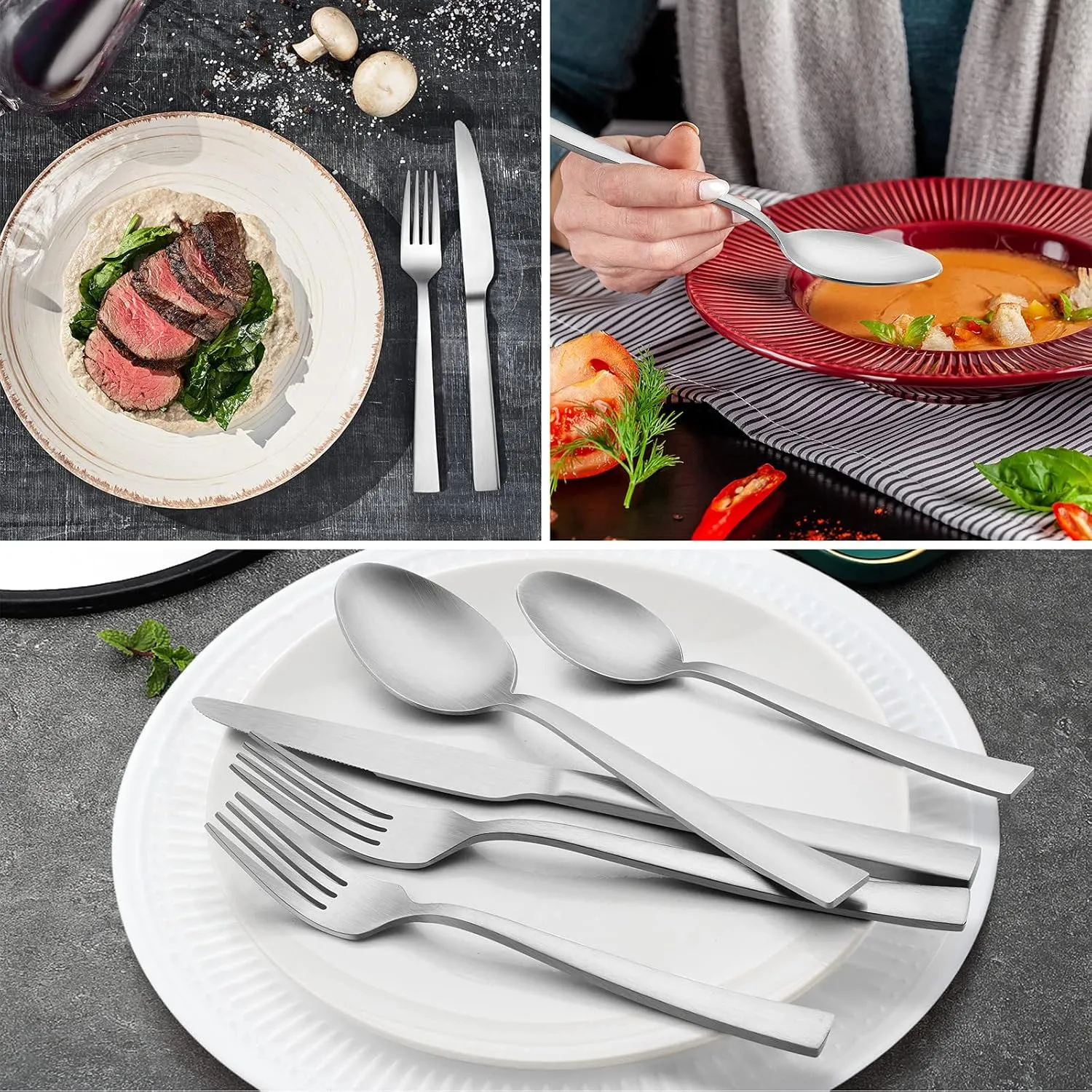 60-Piece Matte Silverware Set, E-far Stainless Steel Flatware Set Service for 12, Metal Cutlery Eating Utensils Tableware Includes Forks/Spoons/Knives, Square Edge
