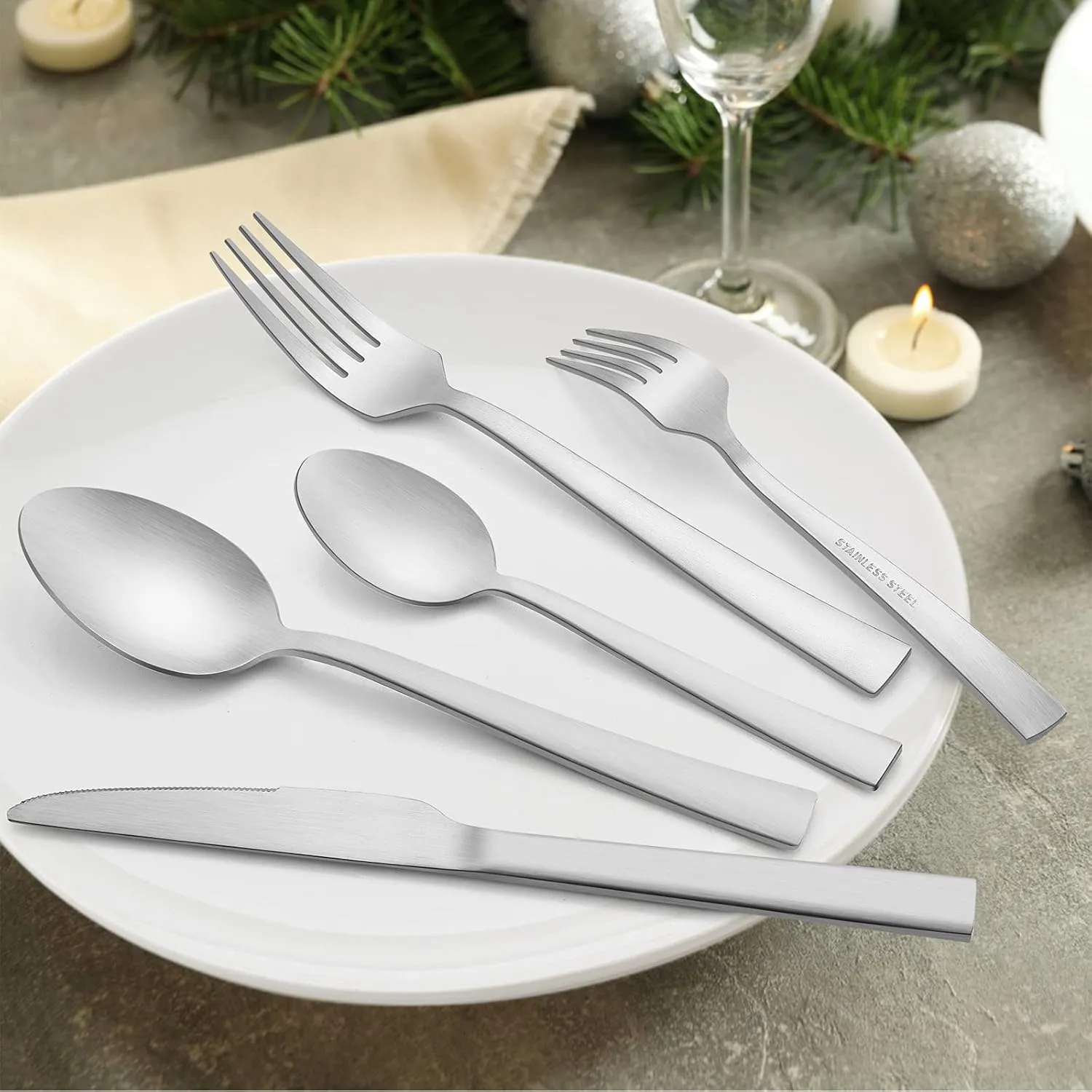 60-Piece Matte Silverware Set, E-far Stainless Steel Flatware Set Service for 12, Metal Cutlery Eating Utensils Tableware Includes Forks/Spoons/Knives, Square Edge