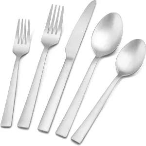 60-Piece Matte Silverware Set, E-far Stainless Steel Flatware Set Service for 12, Metal Cutlery Eating Utensils Tableware Includes Forks/Spoons/Knives, Square Edge