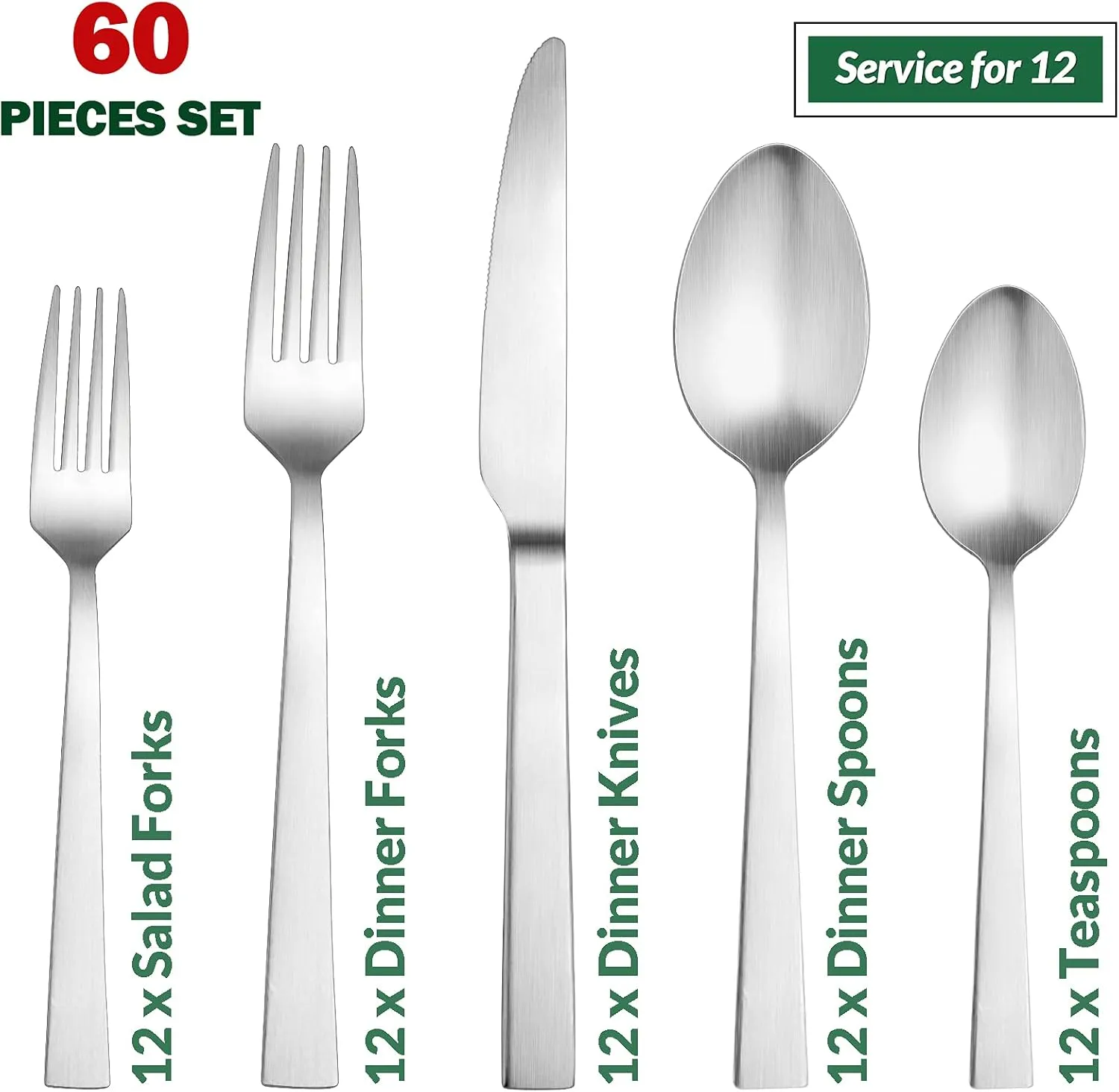 60-Piece Matte Silverware Set, E-far Stainless Steel Flatware Set Service for 12, Metal Cutlery Eating Utensils Tableware Includes Forks/Spoons/Knives, Square Edge