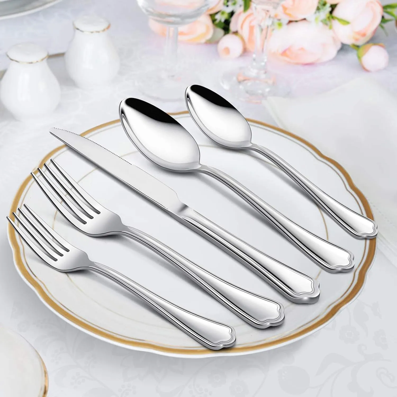 60-Piece Silverware Set, E-far Stainless Steel Flatware Cutlery Set Service for 12, Metal Tableware Eating Utensil Set, Dinner Knives/Forks/Spoons, Scalloped Edge & Mirror Polished - Dishwasher Safe
