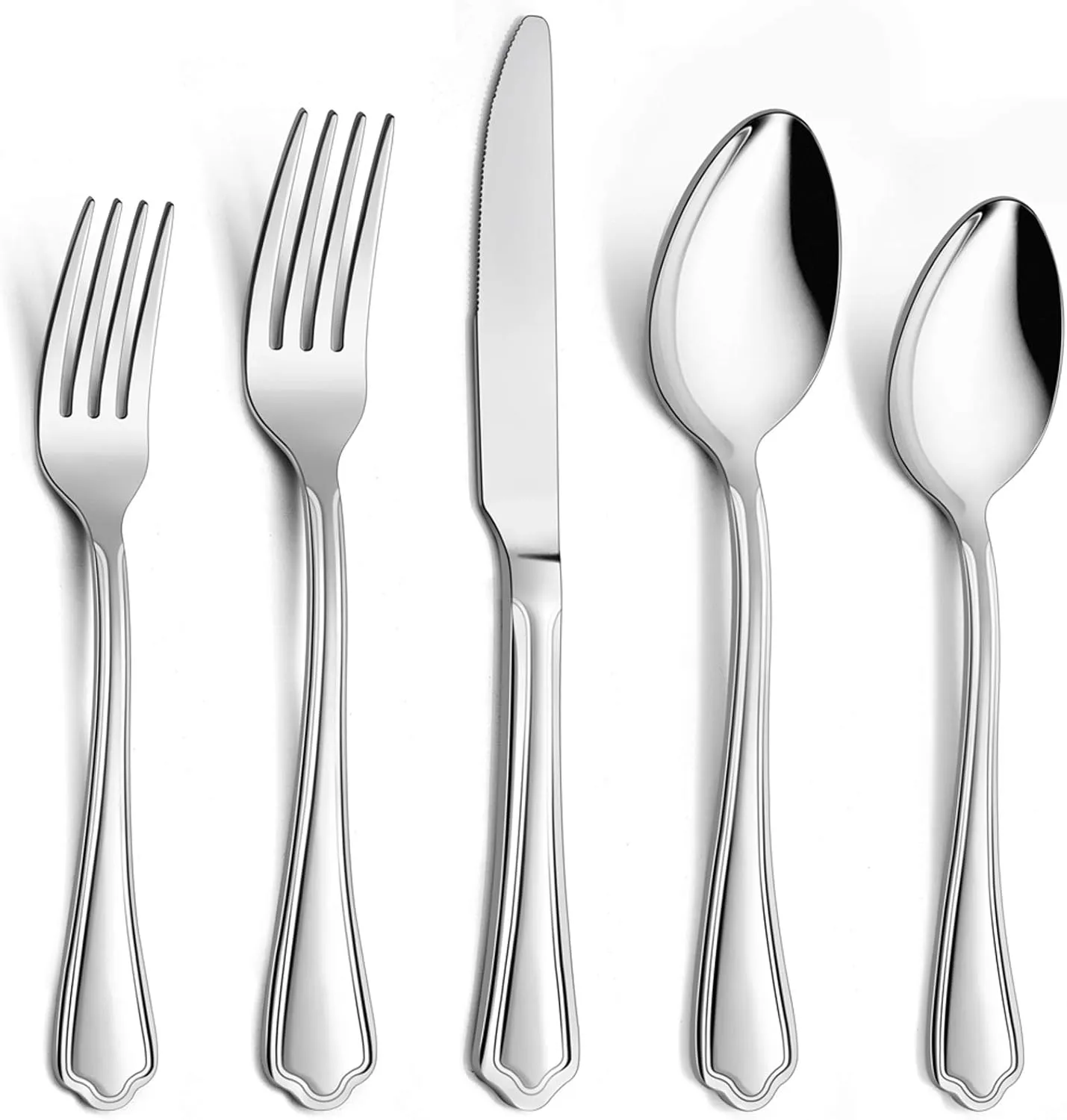 60-Piece Silverware Set, E-far Stainless Steel Flatware Cutlery Set Service for 12, Metal Tableware Eating Utensil Set, Dinner Knives/Forks/Spoons, Scalloped Edge & Mirror Polished - Dishwasher Safe