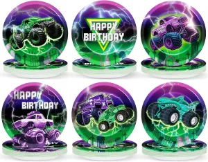 60Pcs Green Purple Monster Truck Party Paper Plates for Monster Truck Birthday Party 9in Racing Car Theme Disposable Tableware Dinnerware Set for Kids Boys Monster Truck Birthday Party Supplies