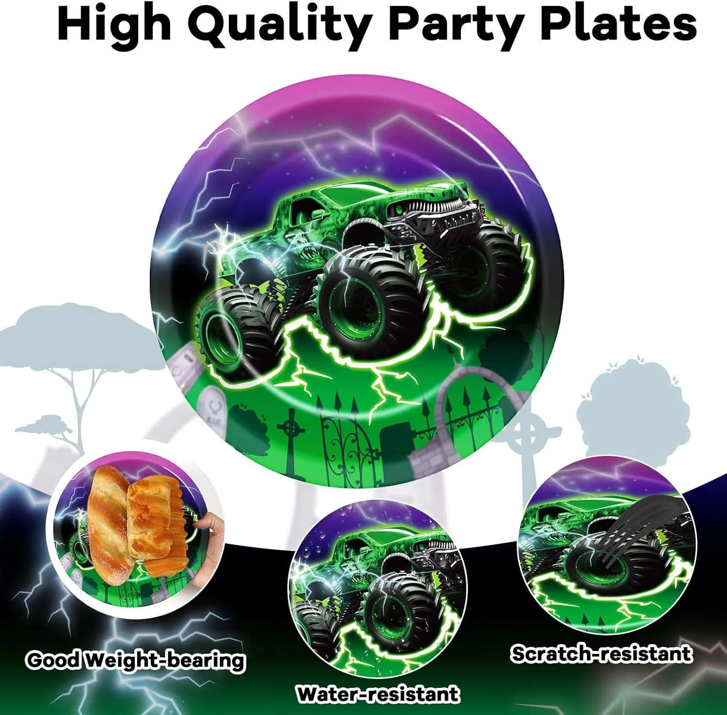 60Pcs Green Purple Monster Truck Party Paper Plates for Monster Truck Birthday Party 9in Racing Car Theme Disposable Tableware Dinnerware Set for Kids Boys Monster Truck Birthday Party Supplies