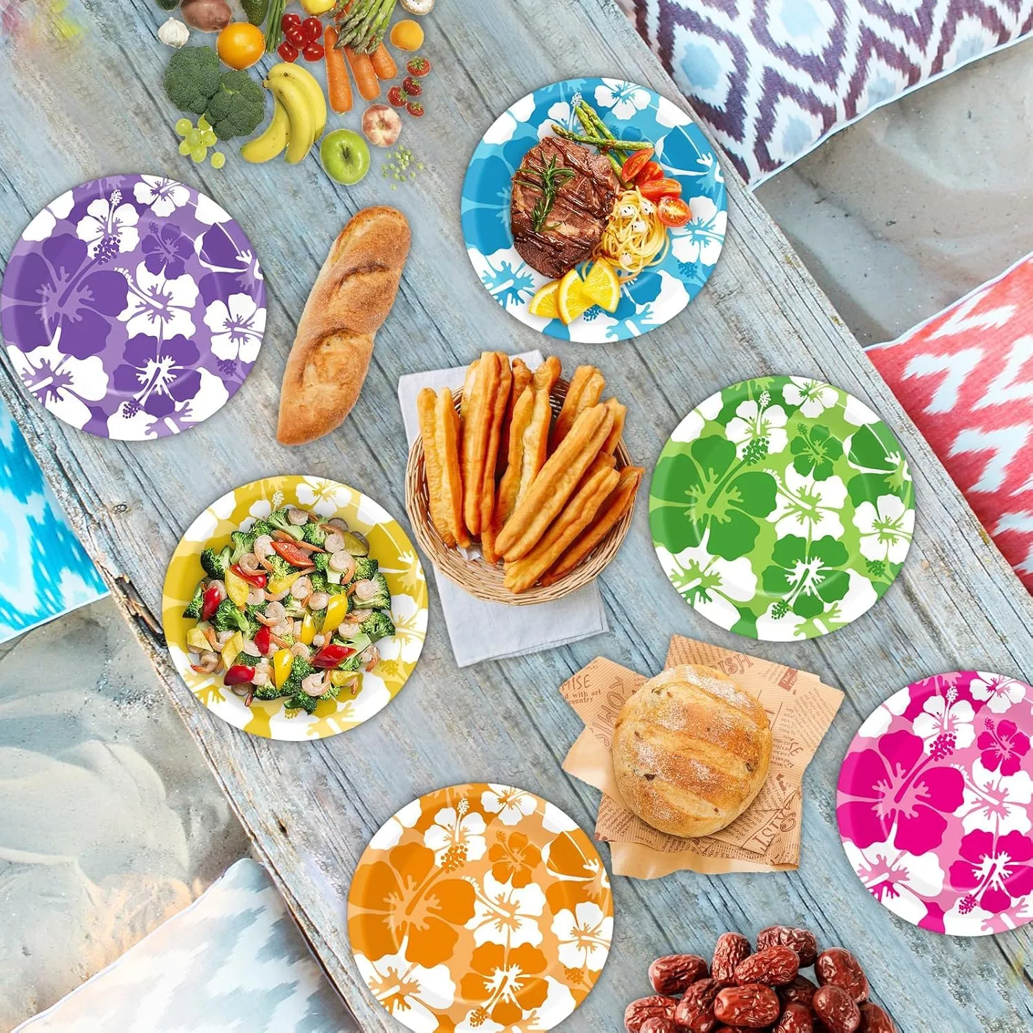 60Pcs Hibiscus Party Paper Plates for Summer Hibiscus Party Decorations 7in Hawaiian Dessert Plates Disposable Tableware Dinnerware Set for Summer Beach Birthday Party Decoration Pool Party Supplies