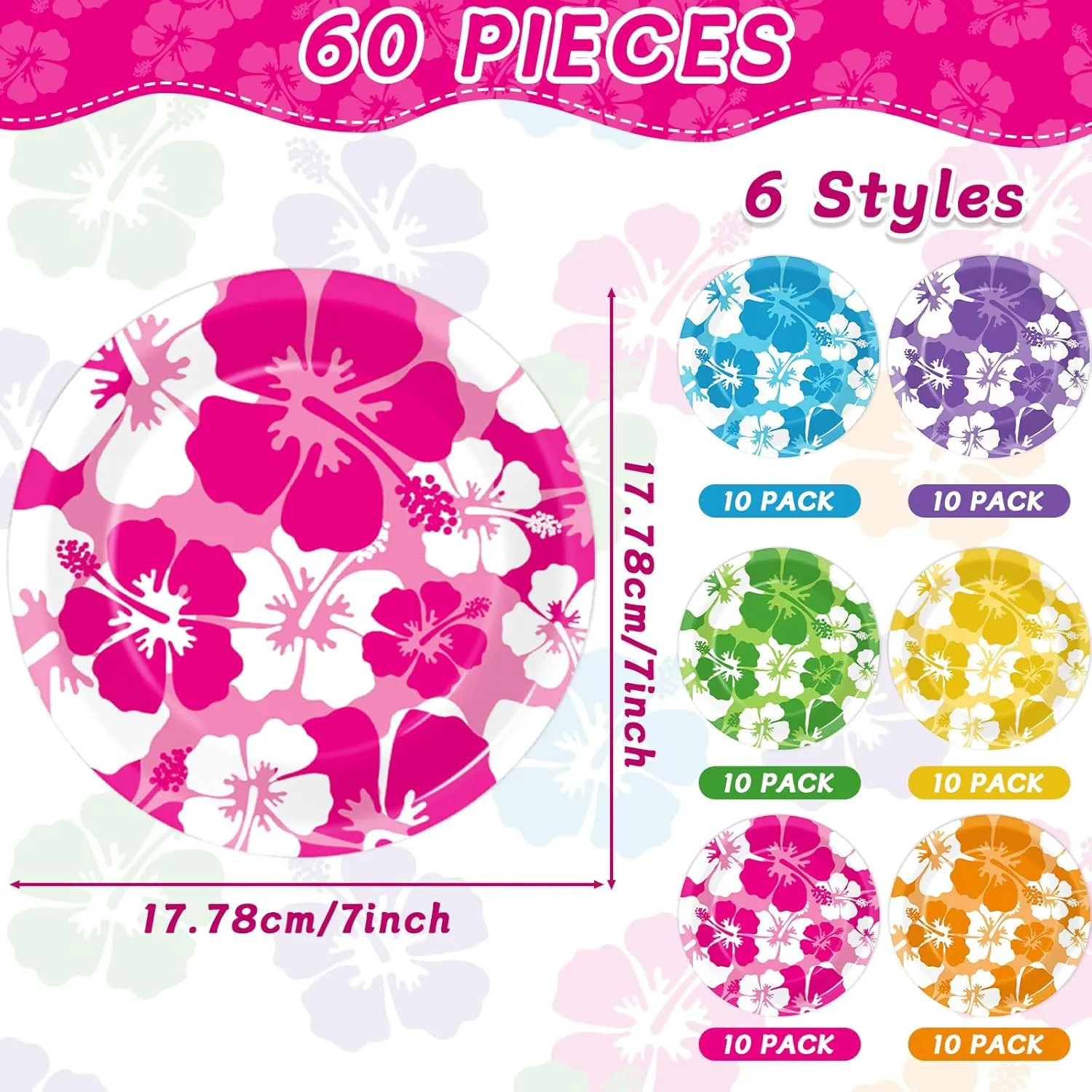 60Pcs Hibiscus Party Paper Plates for Summer Hibiscus Party Decorations 7in Hawaiian Dessert Plates Disposable Tableware Dinnerware Set for Summer Beach Birthday Party Decoration Pool Party Supplies