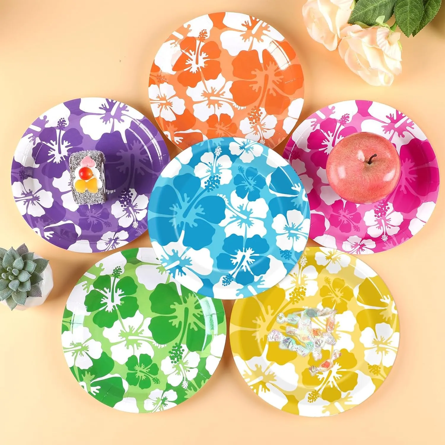 60Pcs Hibiscus Party Paper Plates for Summer Hibiscus Party Decorations 7in Hawaiian Dessert Plates Disposable Tableware Dinnerware Set for Summer Beach Birthday Party Decoration Pool Party Supplies