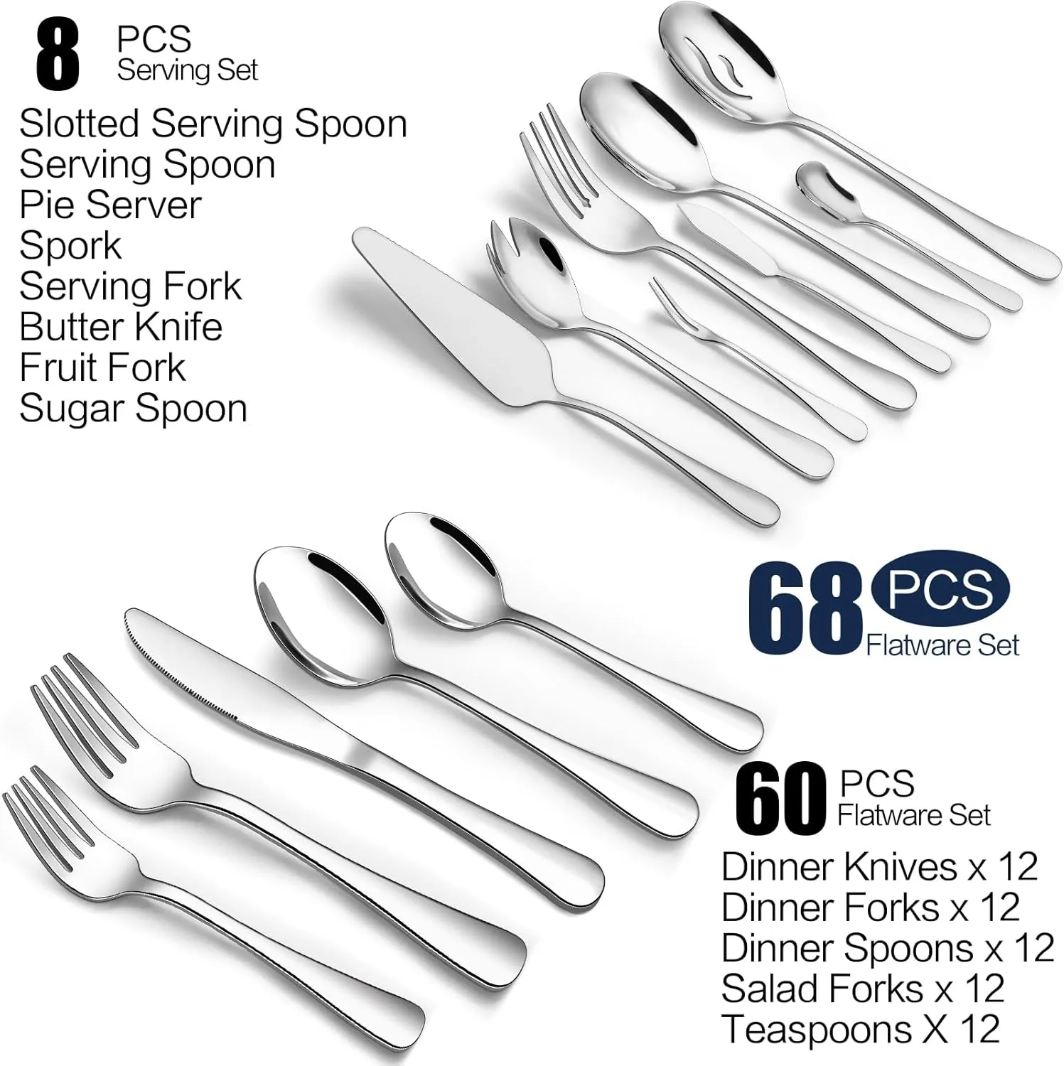 68-Piece Silverware Set with Serving Utensils, Heavy Duty Stainless Steel Flatware Set for 12, Food-Grade Tableware Cutlery Set, Utensil Sets for Home Restaurant, Mirror Finish, Dishwasher Safe