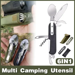 6in1 Portable Folding Knife Fork Spoon Set Outdoor Multi Functional Tableware