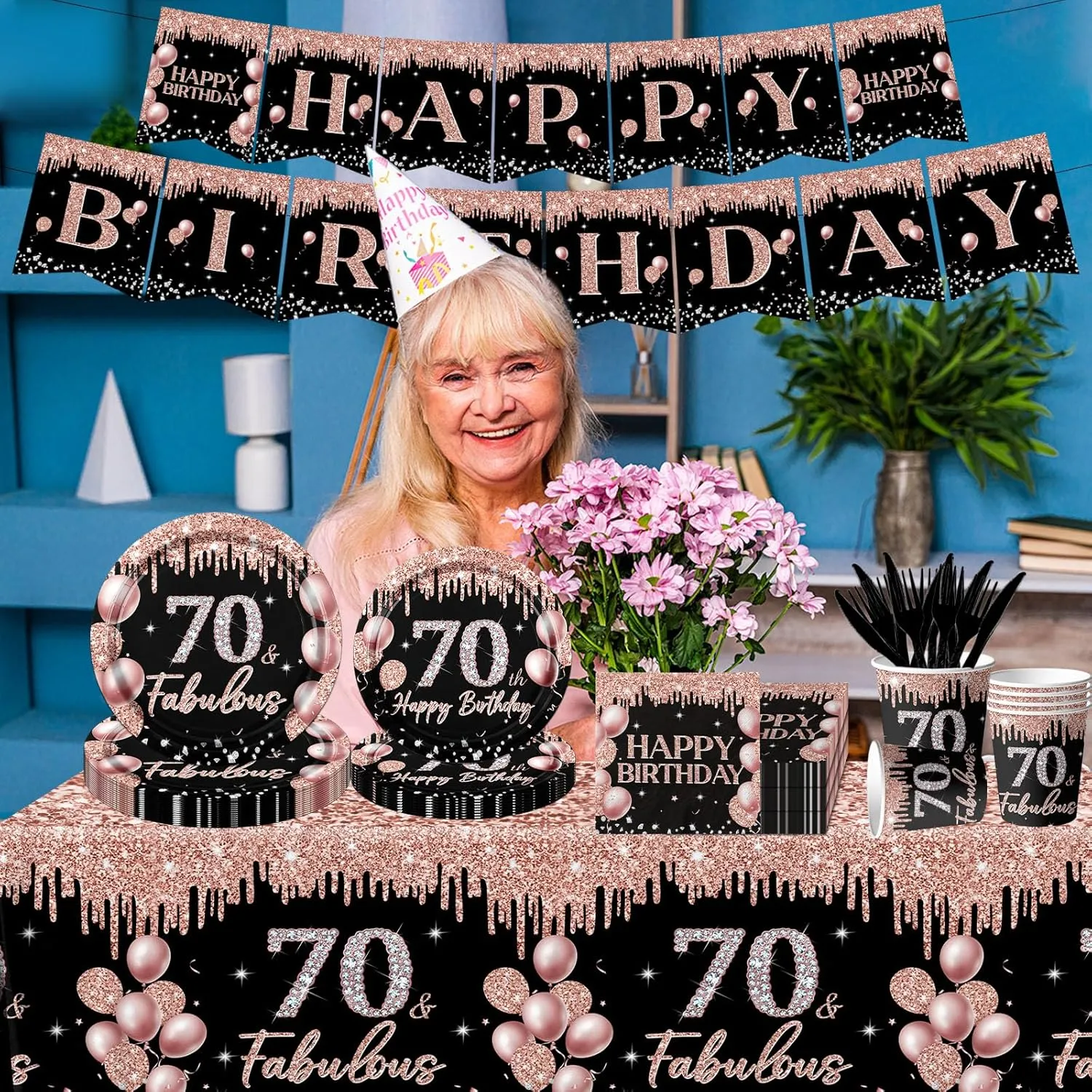 70th Birthday Tableware Decorations for Women,142Pcs Happy 70th Black Rose Gold Tableware Set 70th Birthday Plates and Napkins Rose Gold Tablecloth Happy Birthday Banner for Women Birthday Supplies