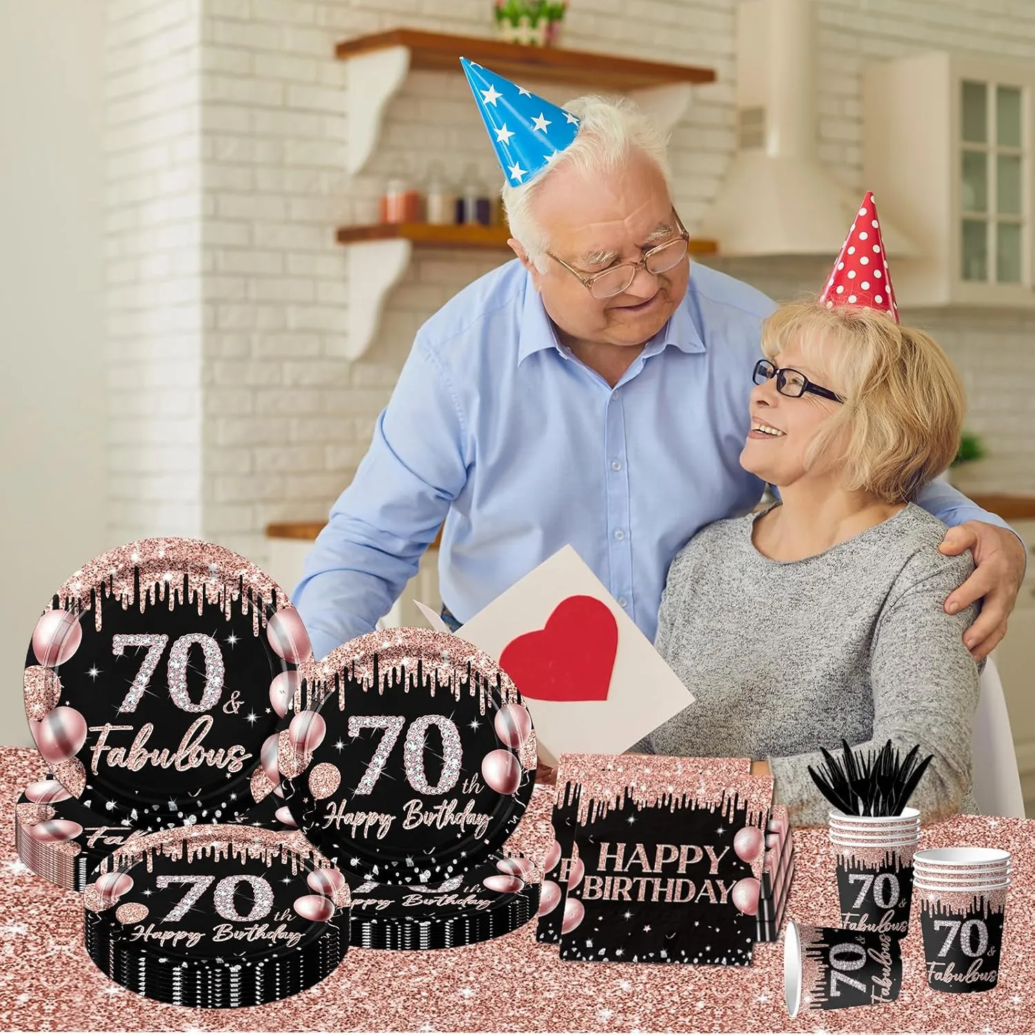 70th Birthday Tableware Decorations for Women,142Pcs Happy 70th Black Rose Gold Tableware Set 70th Birthday Plates and Napkins Rose Gold Tablecloth Happy Birthday Banner for Women Birthday Supplies