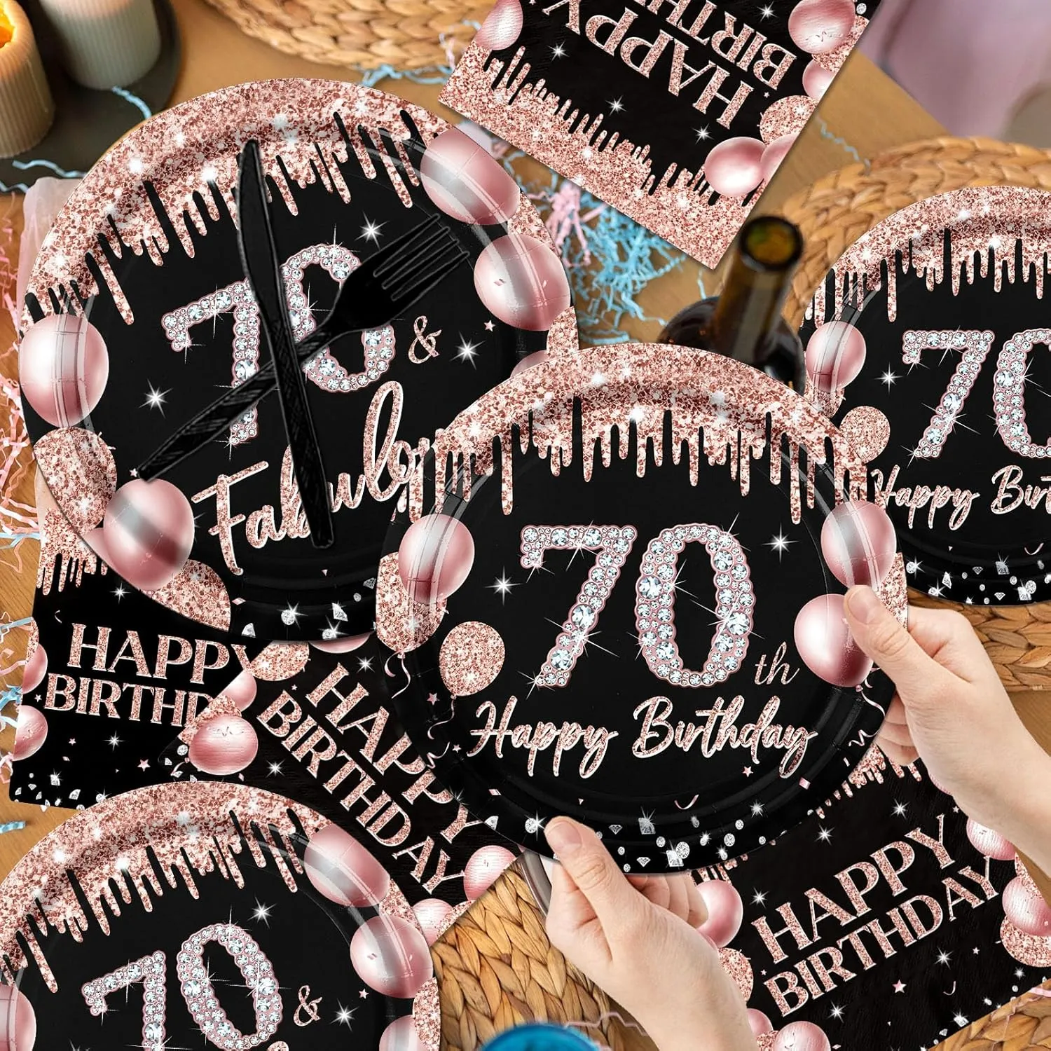 70th Birthday Tableware Decorations for Women,142Pcs Happy 70th Black Rose Gold Tableware Set 70th Birthday Plates and Napkins Rose Gold Tablecloth Happy Birthday Banner for Women Birthday Supplies