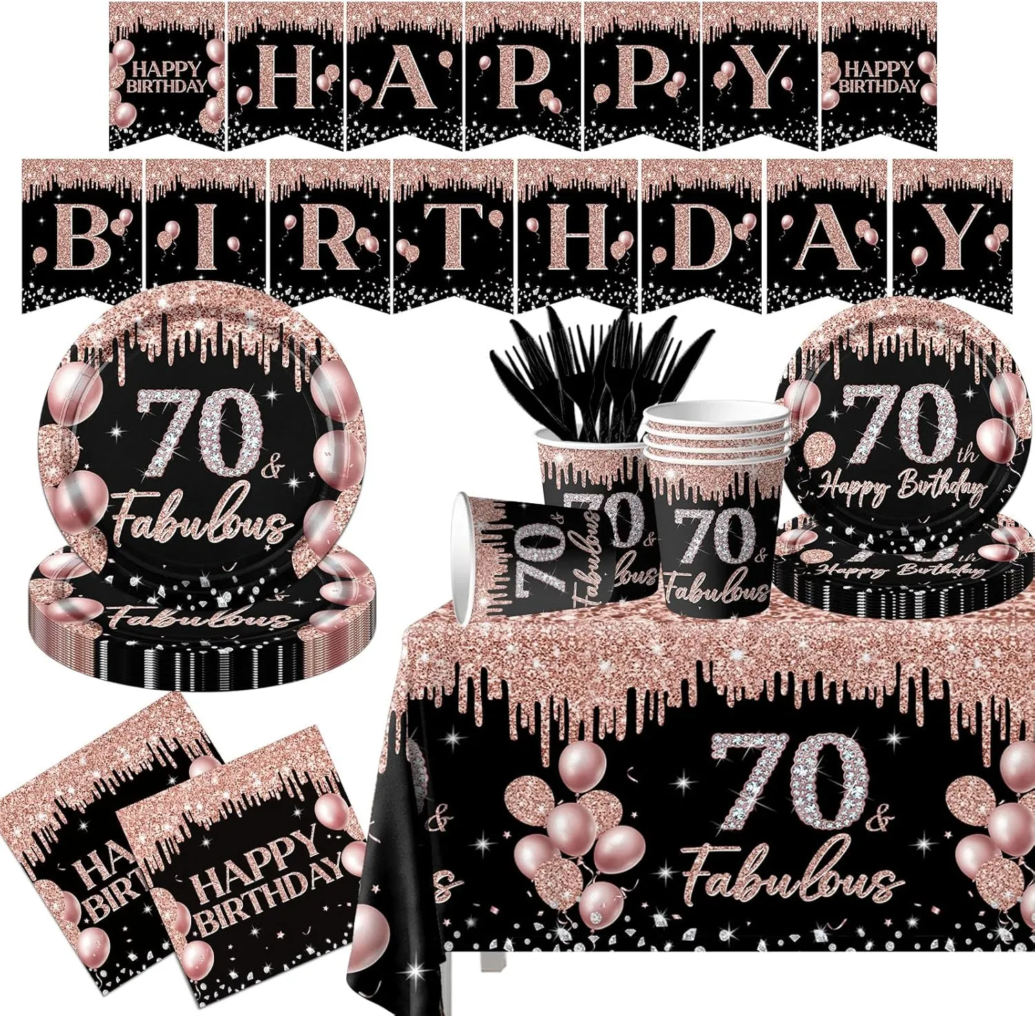 70th Birthday Tableware Decorations for Women,142Pcs Happy 70th Black Rose Gold Tableware Set 70th Birthday Plates and Napkins Rose Gold Tablecloth Happy Birthday Banner for Women Birthday Supplies