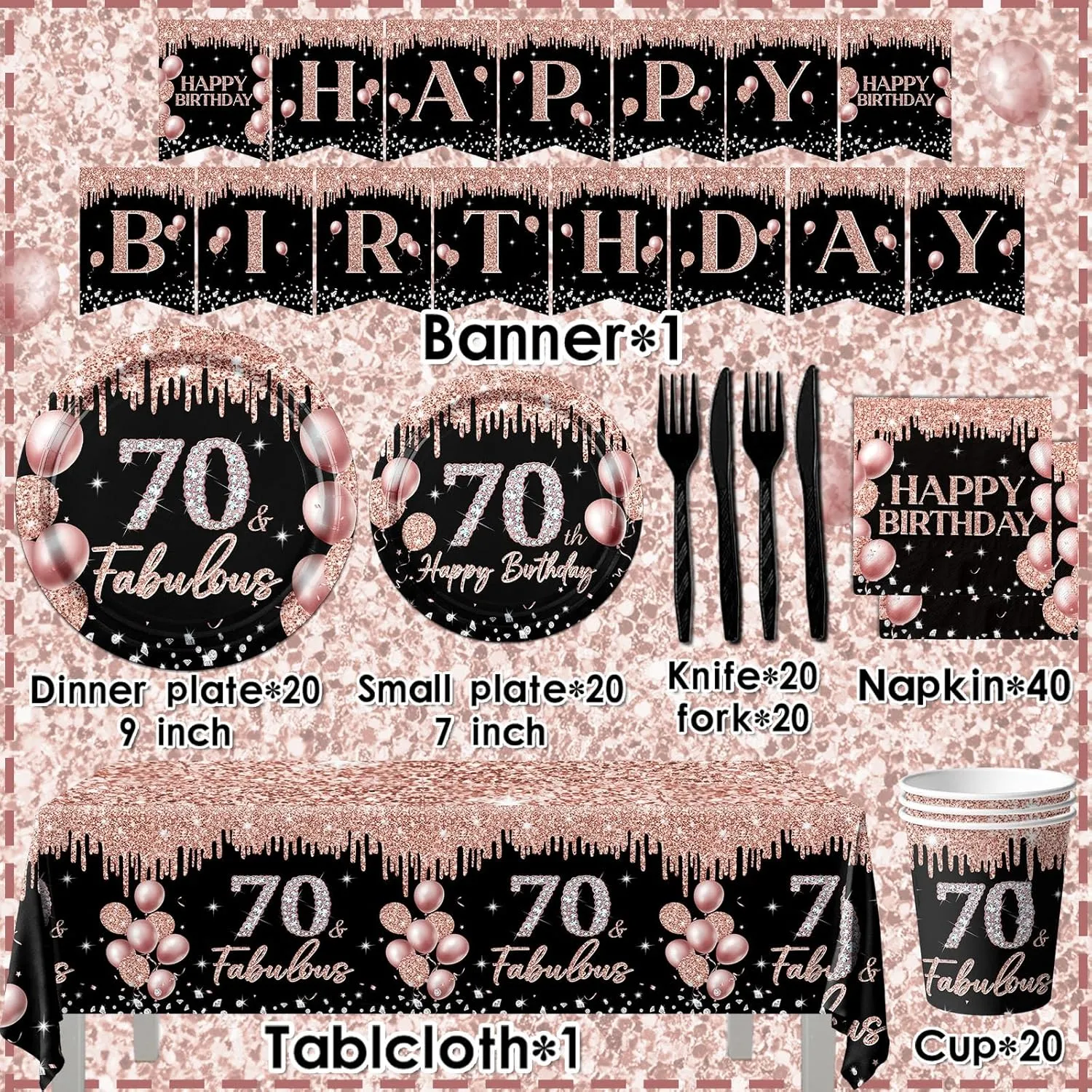 70th Birthday Tableware Decorations for Women,142Pcs Happy 70th Black Rose Gold Tableware Set 70th Birthday Plates and Napkins Rose Gold Tablecloth Happy Birthday Banner for Women Birthday Supplies
