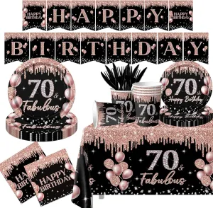 70th Birthday Tableware Decorations for Women,142Pcs Happy 70th Black Rose Gold Tableware Set 70th Birthday Plates and Napkins Rose Gold Tablecloth Happy Birthday Banner for Women Birthday Supplies