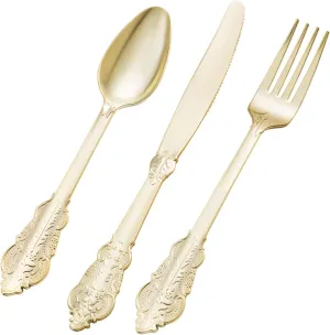75PCS Gold Plastic Silverware for 25 Guests, Heavy Duty Gold Disposable Utensils Sets, Includes 25 Forks, 25 Spoons, 25 Knives, Elegant Cutlery Perfect for Wedding, Party