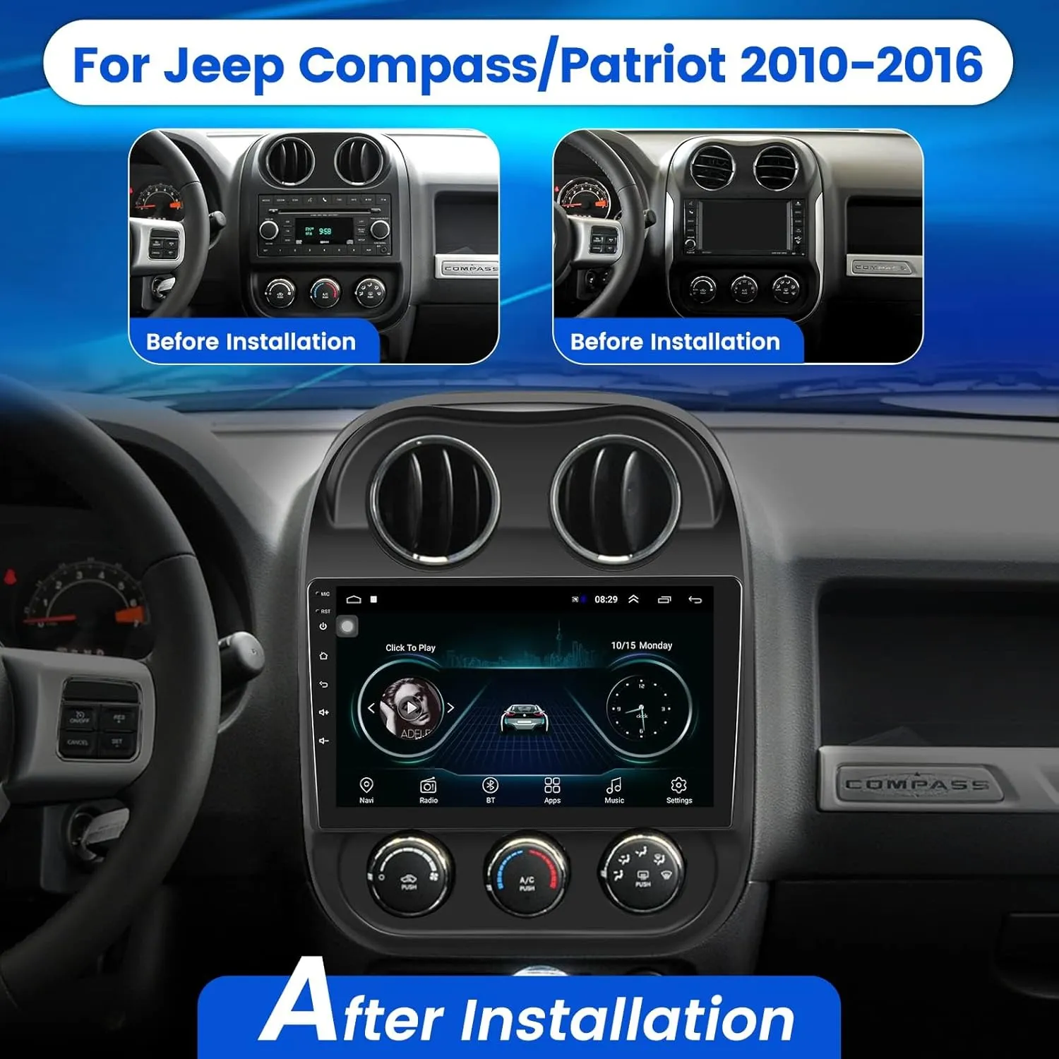 8 Core 6 128GB Android 13 Car Stereo for Jeep Compass Patriot 2010-2016 Radio Wireless Carplay Android Auto, 10.1 Inch 1280x720 Touchscreen Car Radio GPS Navigation DSP FM RDS Backup Camera