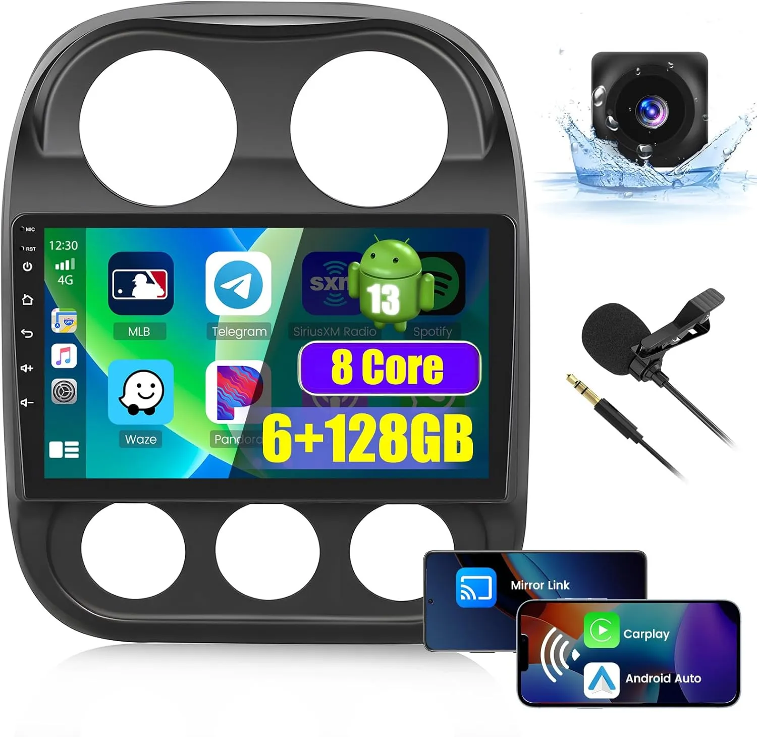 8 Core 6 128GB Android 13 Car Stereo for Jeep Compass Patriot 2010-2016 Radio Wireless Carplay Android Auto, 10.1 Inch 1280x720 Touchscreen Car Radio GPS Navigation DSP FM RDS Backup Camera