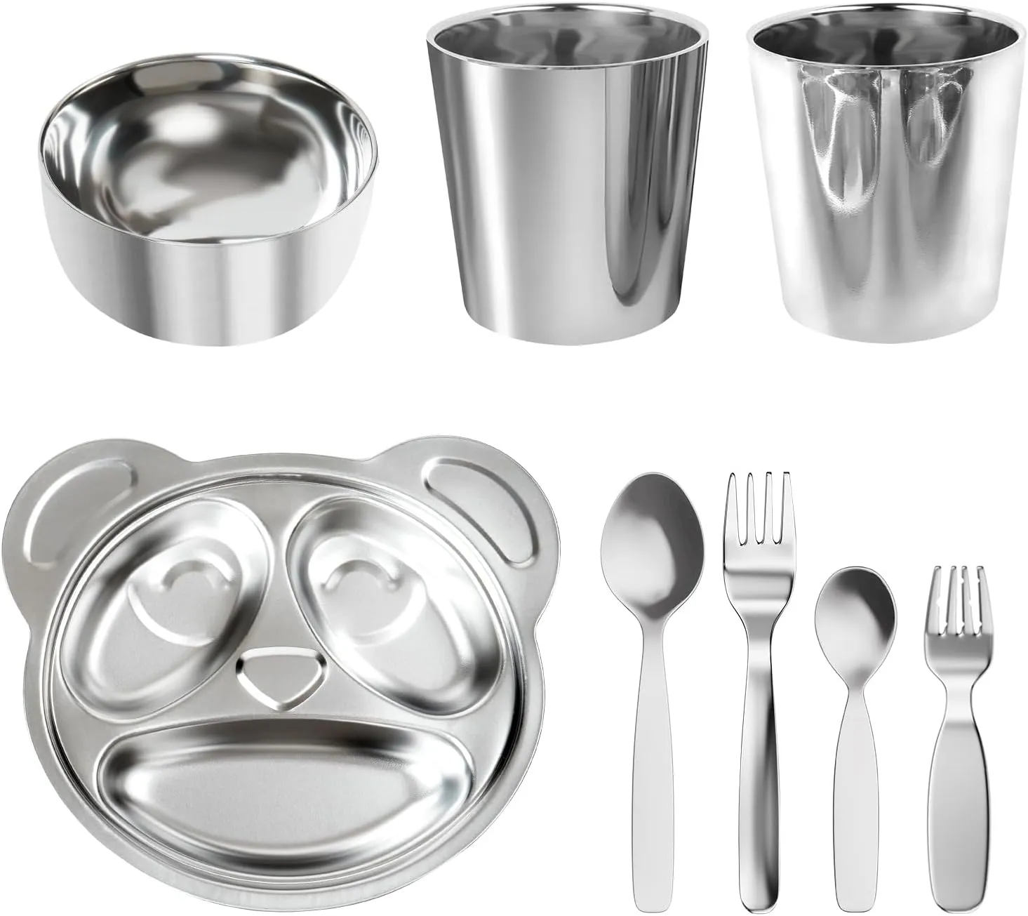 8-Piece Childproof Safety Cutlery Set - Premium 304 Stainless Steel, BPA-Free, Dishwasher-Safe, Elegant Design for Toddlers and Children,Includes Divided Plate, Utensils, Cup, and Bowl