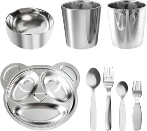 8-Piece Childproof Safety Cutlery Set - Premium 304 Stainless Steel, BPA-Free, Dishwasher-Safe, Elegant Design for Toddlers and Children,Includes Divided Plate, Utensils, Cup, and Bowl