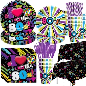 80's Party Decorations Tableware - 80's Theme Party Supplies Include Paper Plate, Cups, Napkins, Tablecloth, Cutlery, Straws, 80s Birthday Party Decorations and Supplies Dinnerware | Serve 24
