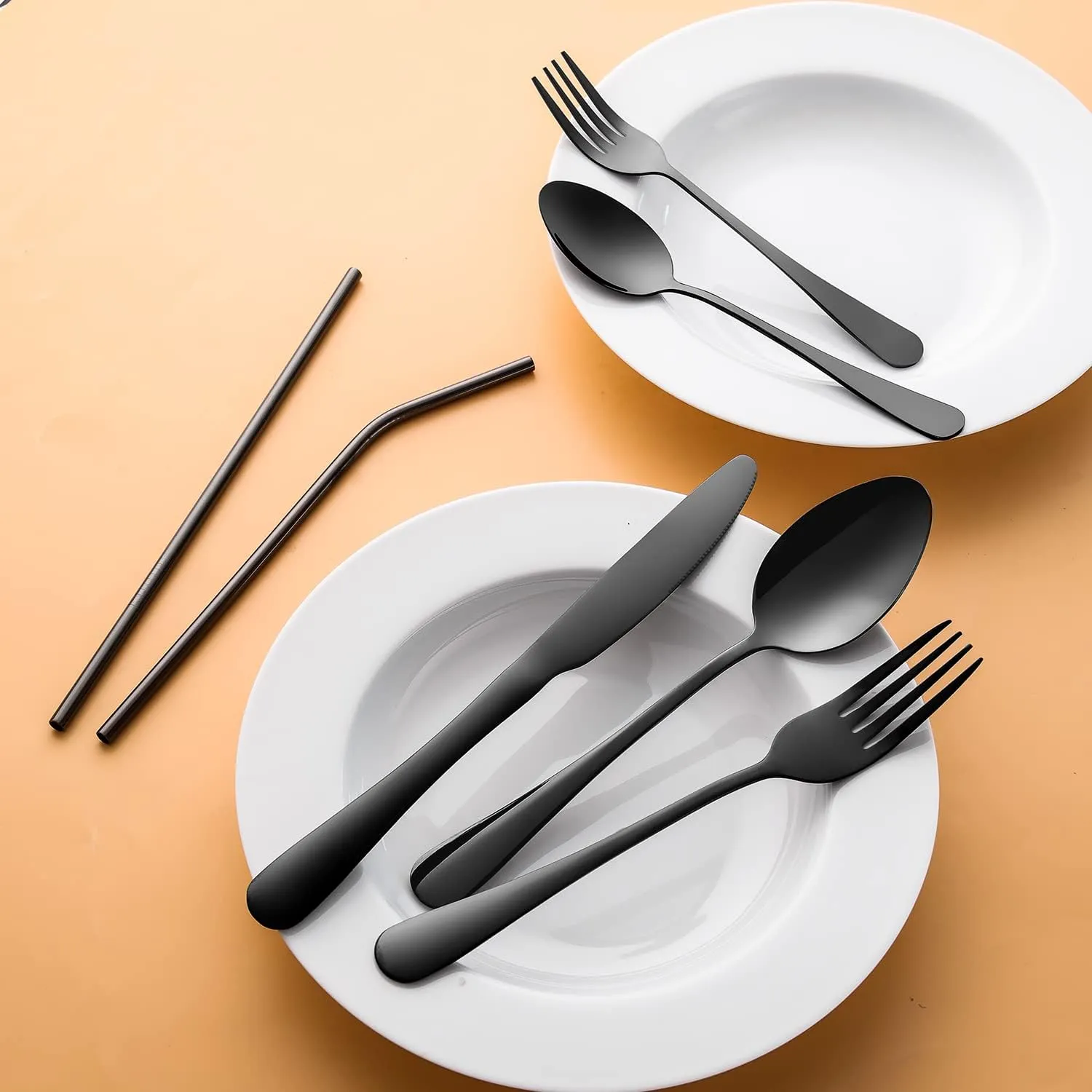 84 Pieces Black Silverware Set Service for 12 Flatware Set with Straws Stainless Steel Utensils Cutlery Set Dishwasher Safe