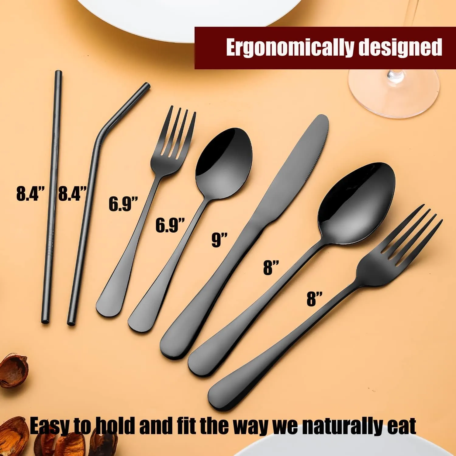 84 Pieces Black Silverware Set Service for 12 Flatware Set with Straws Stainless Steel Utensils Cutlery Set Dishwasher Safe