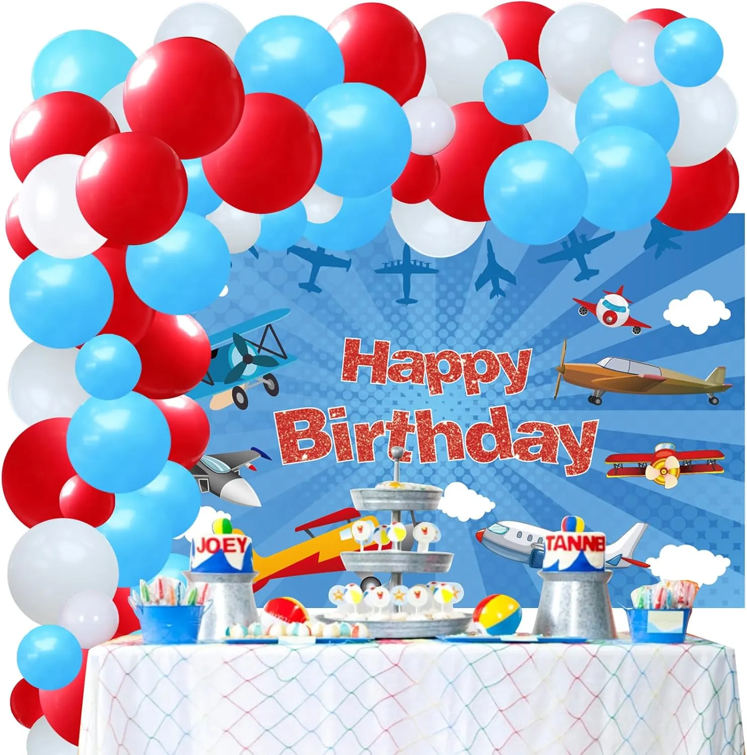86 Pcs Airplane Aviator Birthday Party Decoration, Airplane Themed Party Decoration with Inflatable Airplane Cloud Balloons Happy Birthday Banners for Kids Plane Theme Party