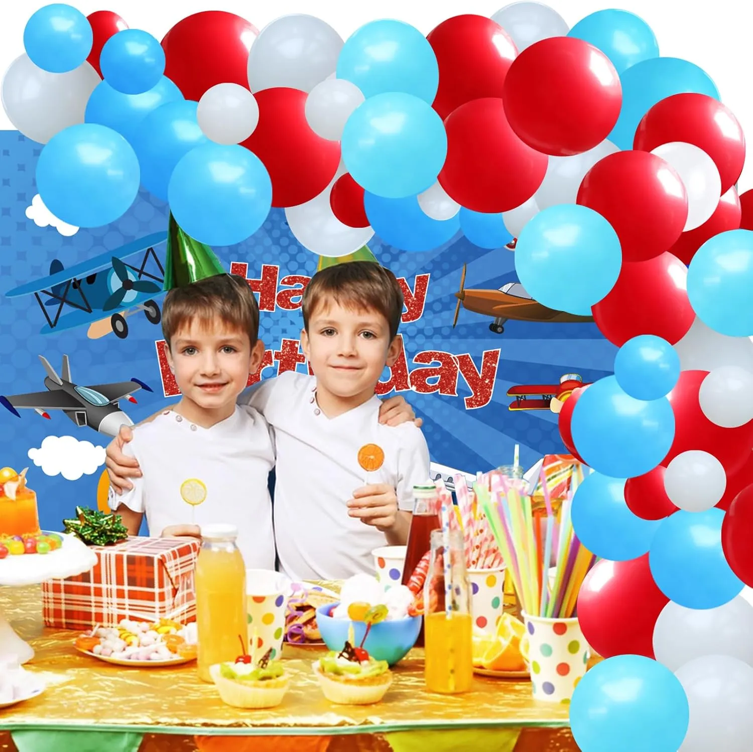 86 Pcs Airplane Aviator Birthday Party Decoration, Airplane Themed Party Decoration with Inflatable Airplane Cloud Balloons Happy Birthday Banners for Kids Plane Theme Party