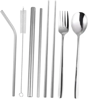 8pcs Portable Stainless Steel Tableware Set Forks Spoons Chopsticks Straws with Black Bag Dining Kit for Outdoor Picnics Weddings Everyday Use