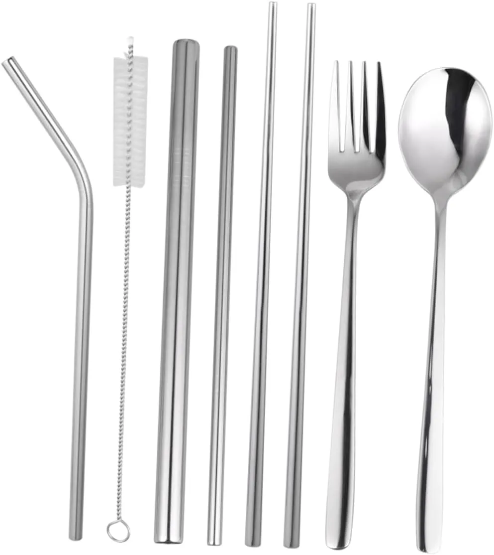 8pcs Portable Stainless Steel Tableware Set Forks Spoons Chopsticks Straws with Black Bag Dining Kit for Outdoor Picnics Weddings Everyday Use