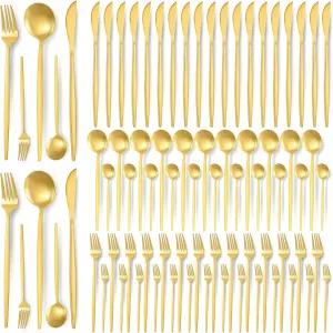 90 Pcs Gold Silverware Set, 18 Set Flatware Cutlery for 5 Golden Stainless Steel Utensils Includes Forks Knives and Spoons for Kitchen Restaurant Home(Gold Handle)