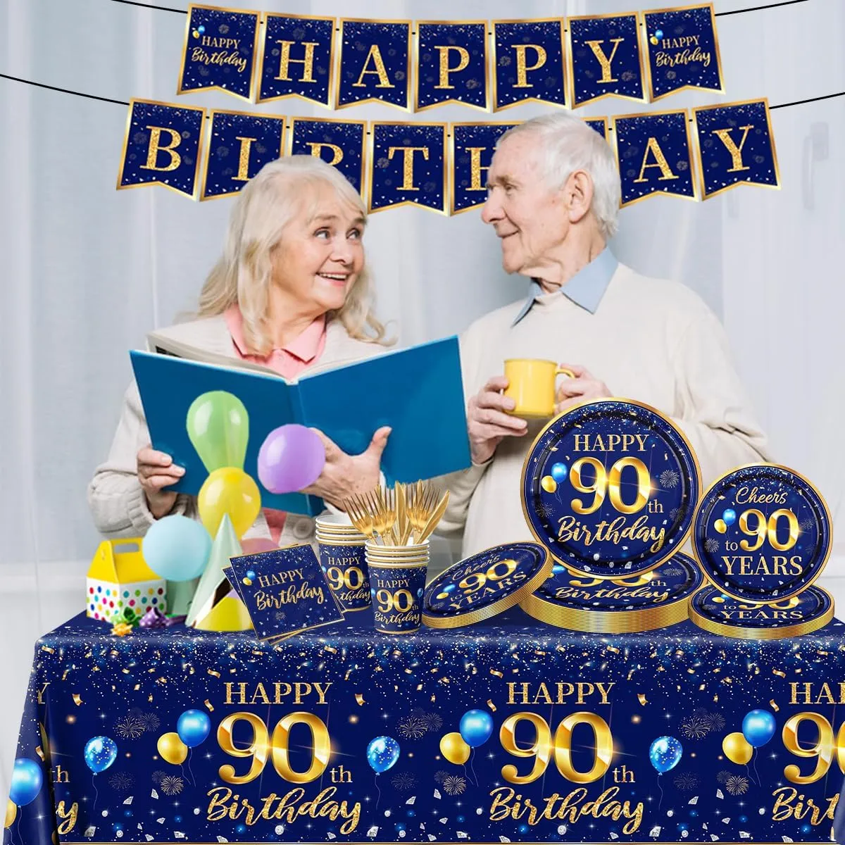 90th Birthday Decoration Men-142pcs Navy Blue and Gold Birthday Tableware Set(Serve for 20) Include Happy 90th Birthday Banner Plates Cups Napkins Tablecloth for Men 90th Birthday Party Supplies (90)