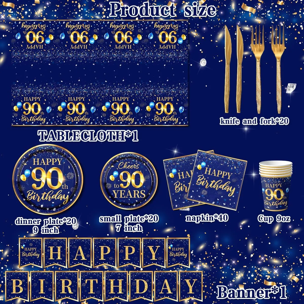 90th Birthday Decoration Men-142pcs Navy Blue and Gold Birthday Tableware Set(Serve for 20) Include Happy 90th Birthday Banner Plates Cups Napkins Tablecloth for Men 90th Birthday Party Supplies (90)