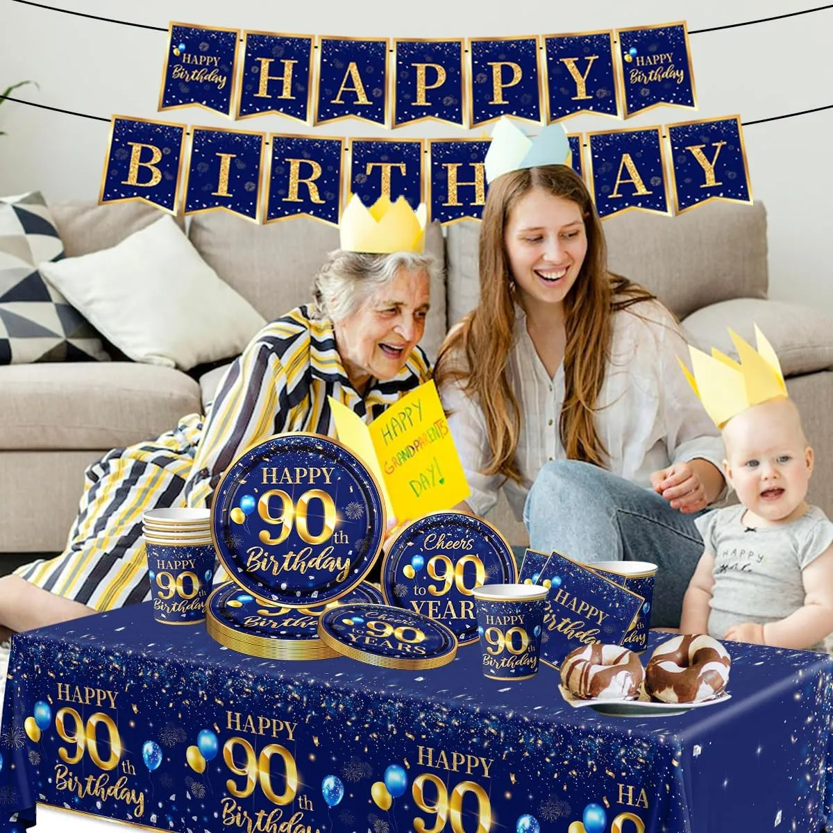 90th Birthday Decoration Men-142pcs Navy Blue and Gold Birthday Tableware Set(Serve for 20) Include Happy 90th Birthday Banner Plates Cups Napkins Tablecloth for Men 90th Birthday Party Supplies (90)