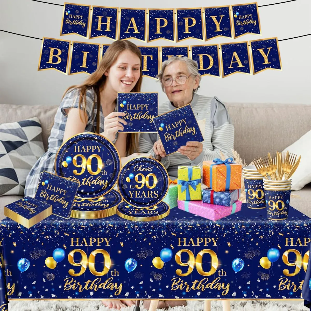 90th Birthday Decoration Men-142pcs Navy Blue and Gold Birthday Tableware Set(Serve for 20) Include Happy 90th Birthday Banner Plates Cups Napkins Tablecloth for Men 90th Birthday Party Supplies (90)