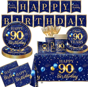 90th Birthday Decoration Men-142pcs Navy Blue and Gold Birthday Tableware Set(Serve for 20) Include Happy 90th Birthday Banner Plates Cups Napkins Tablecloth for Men 90th Birthday Party Supplies (90)