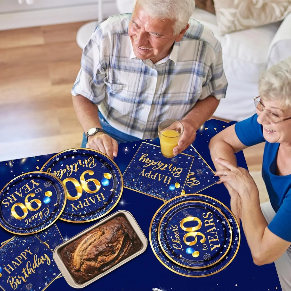 90th Birthday Decoration Men-142pcs Navy Blue and Gold Birthday Tableware Set(Serve for 20) Include Happy 90th Birthday Banner Plates Cups Napkins Tablecloth for Men 90th Birthday Party Supplies (90)