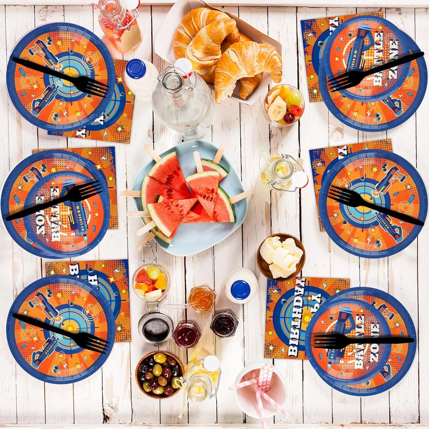 96 Pcs Dart War Party Plates and Napkins Party Supplies Dart War Themed Party Tableware Set Blue and Orange Party Decorations Favors for Kids Boys' Birthday Baby Shower Serves 24