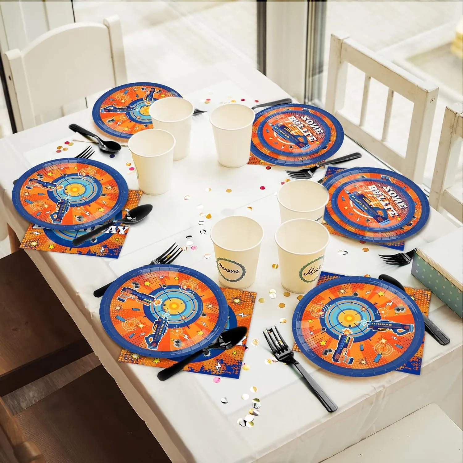96 Pcs Dart War Party Plates and Napkins Party Supplies Dart War Themed Party Tableware Set Blue and Orange Party Decorations Favors for Kids Boys' Birthday Baby Shower Serves 24