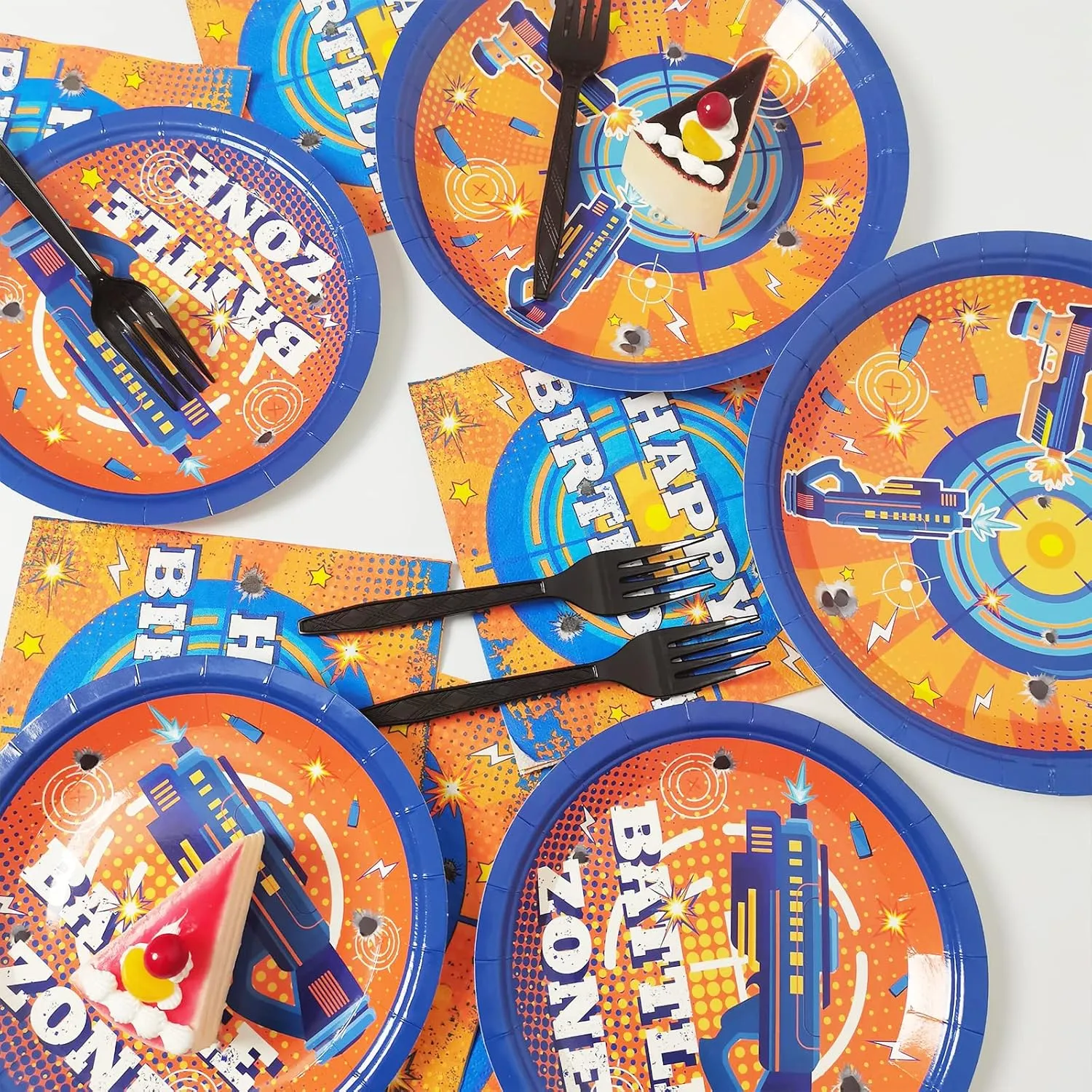 96 Pcs Dart War Party Plates and Napkins Party Supplies Dart War Themed Party Tableware Set Blue and Orange Party Decorations Favors for Kids Boys' Birthday Baby Shower Serves 24