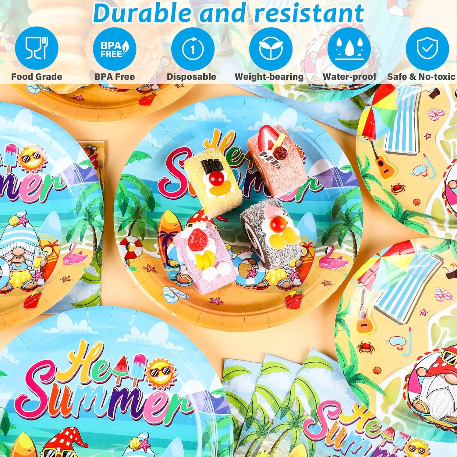 96 Pcs Hello Summer Beach Party Plates Napkins Tableware Set End of School Year Pool Party Birthday Supplies Disposable Dinnerware School's Out Gnome Themed Decoration Favors for Kids, 24 Guests