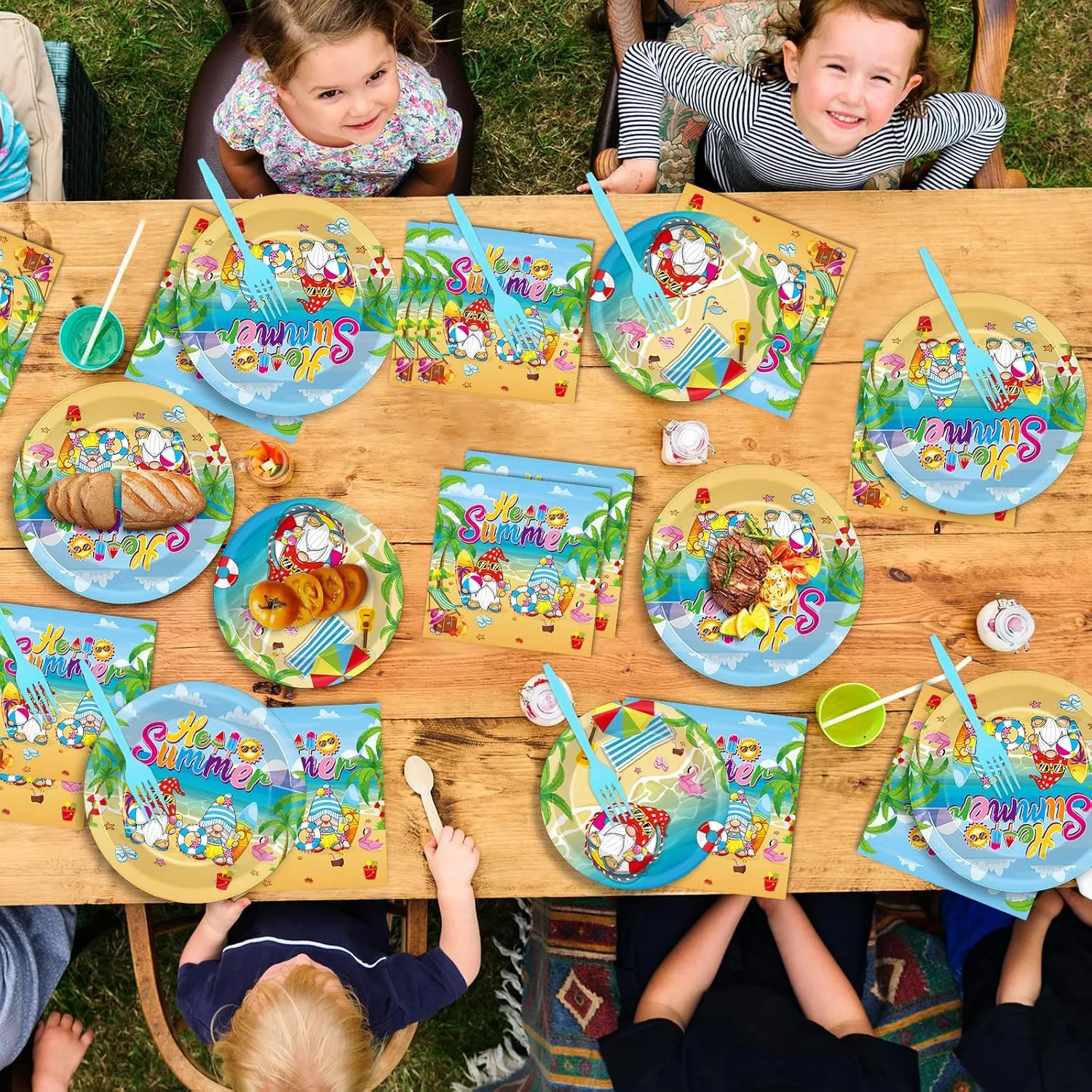 96 Pcs Hello Summer Beach Party Plates Napkins Tableware Set End of School Year Pool Party Birthday Supplies Disposable Dinnerware School's Out Gnome Themed Decoration Favors for Kids, 24 Guests
