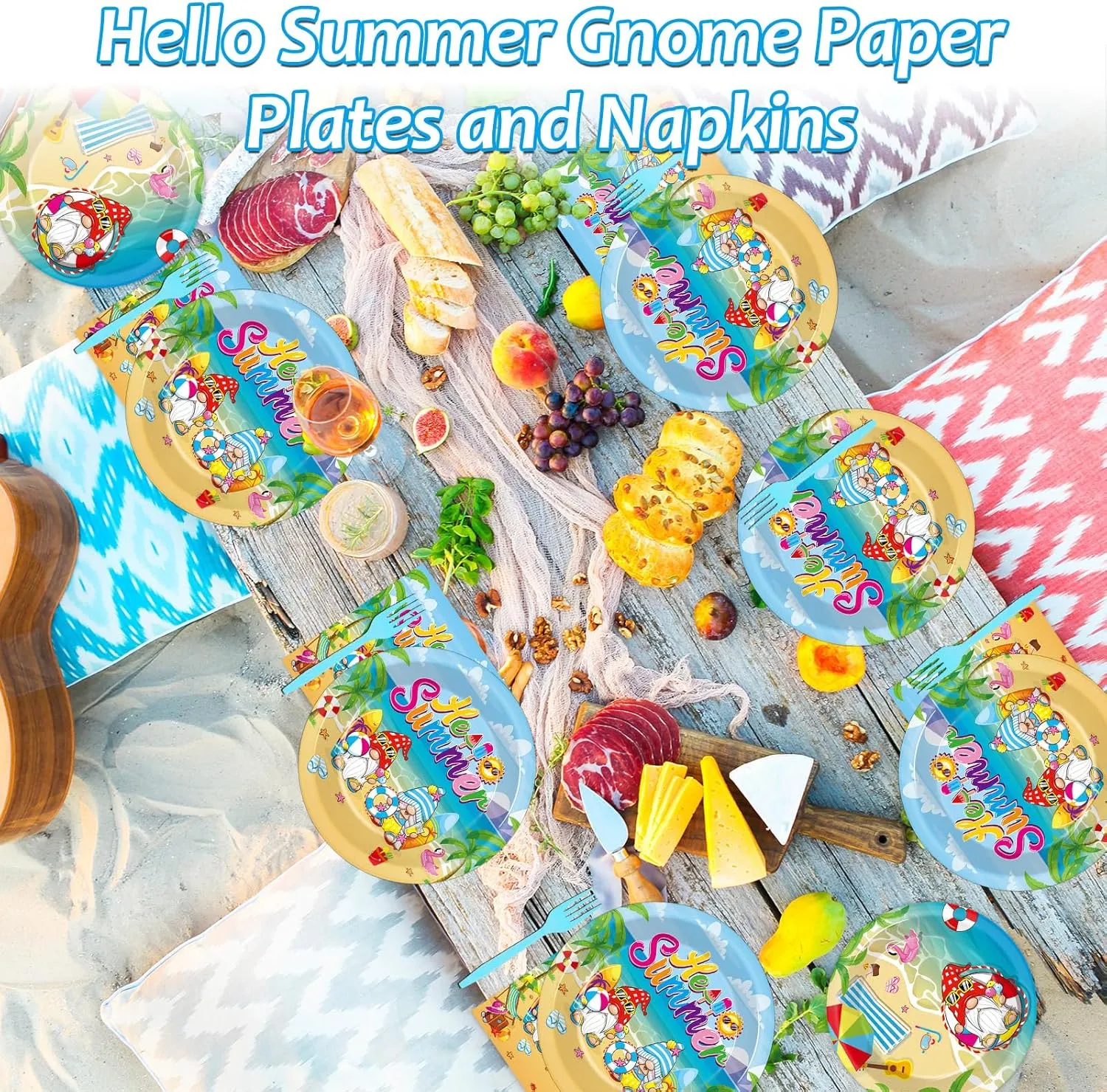 96 Pcs Hello Summer Beach Party Plates Napkins Tableware Set End of School Year Pool Party Birthday Supplies Disposable Dinnerware School's Out Gnome Themed Decoration Favors for Kids, 24 Guests