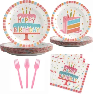 96 Pcs Party Paper Plates and Napkins Sets, Pink Birthday Paper Plates and Napkins, Disposable Tableware Set, Party Supplies for Kids Happy Birthday, Serve for 24, Striped Edge Design