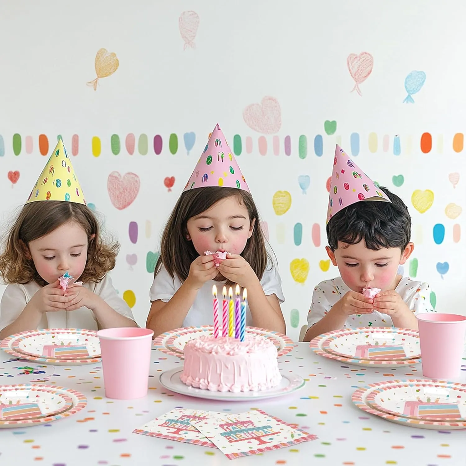 96 Pcs Party Paper Plates and Napkins Sets, Pink Birthday Paper Plates and Napkins, Disposable Tableware Set, Party Supplies for Kids Happy Birthday, Serve for 24, Striped Edge Design